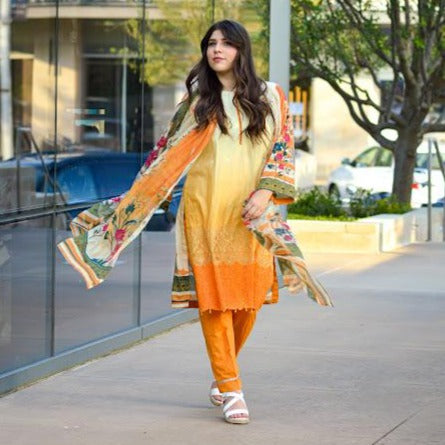 US-Based, Stitched & Ready to Ship! Available sizes listed below.   This branded 3-Piece Lawn is on sale for $35   Chikankari Beige-Yellow-Orange Gradient Kurta with Printed back, matching printed Chiffon Dupatta and cotton trousers. Prints from Aafreen by Riaz Arts. All items in this collection are 3-Piece Stunningly stitched suits, ready to ship! 