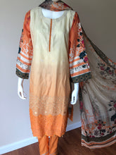 Load image into Gallery viewer, US-Based, Stitched &amp; Ready to Ship! Available sizes listed below.   This branded 3-Piece Lawn is on sale for $35   Chikankari Beige-Yellow-Orange Gradient Kurta with Printed back, matching printed Chiffon Dupatta and cotton trousers. Prints from Aafreen by Riaz Arts. All items in this collection are 3-Piece Stunningly stitched suits, ready to ship! 