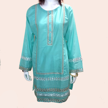 Load image into Gallery viewer, Turquoise Mirrorwork Embroidered Lawn Kurti