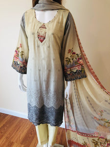 Aafreen by Riaz Arts   Embroidered Lawn, Chikankari with Chiffon Dupatta  All items in this collection are 3-Piece Stunningly stitched suits, ready to ship!    Beige and Gray Shalwar Kameez Pakistani Suit 3-Piece Casual Lawn Suit Chest Size 44" Ready to Ship 