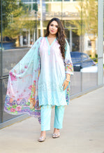 Load image into Gallery viewer, Aafreen Pink/Blue A-Line Chikankari Lawn 3-Piece w/ Cotton Trousers and Chiffon Dupatta