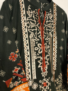 Dark Green/Orange 3-Piece Lawn Suit - Beaded & Embroidered Neckline w/ Chiffon Dupatta