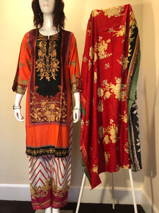 Black/Orange 3-Piece Suit with Shawl Dupatta