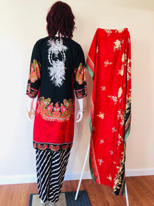 Black/Red 3-Piece Suit with Shawl Dupatta